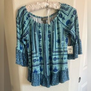 NWT! Style & Co. Blue Bohemian Blouse with Ruffled Hem